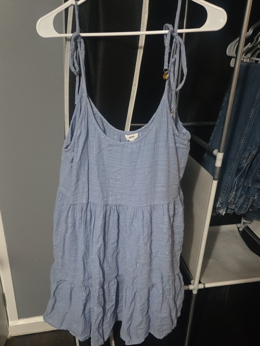 aerie Light Blue Tiered Tie-Shoulder Mini Dress